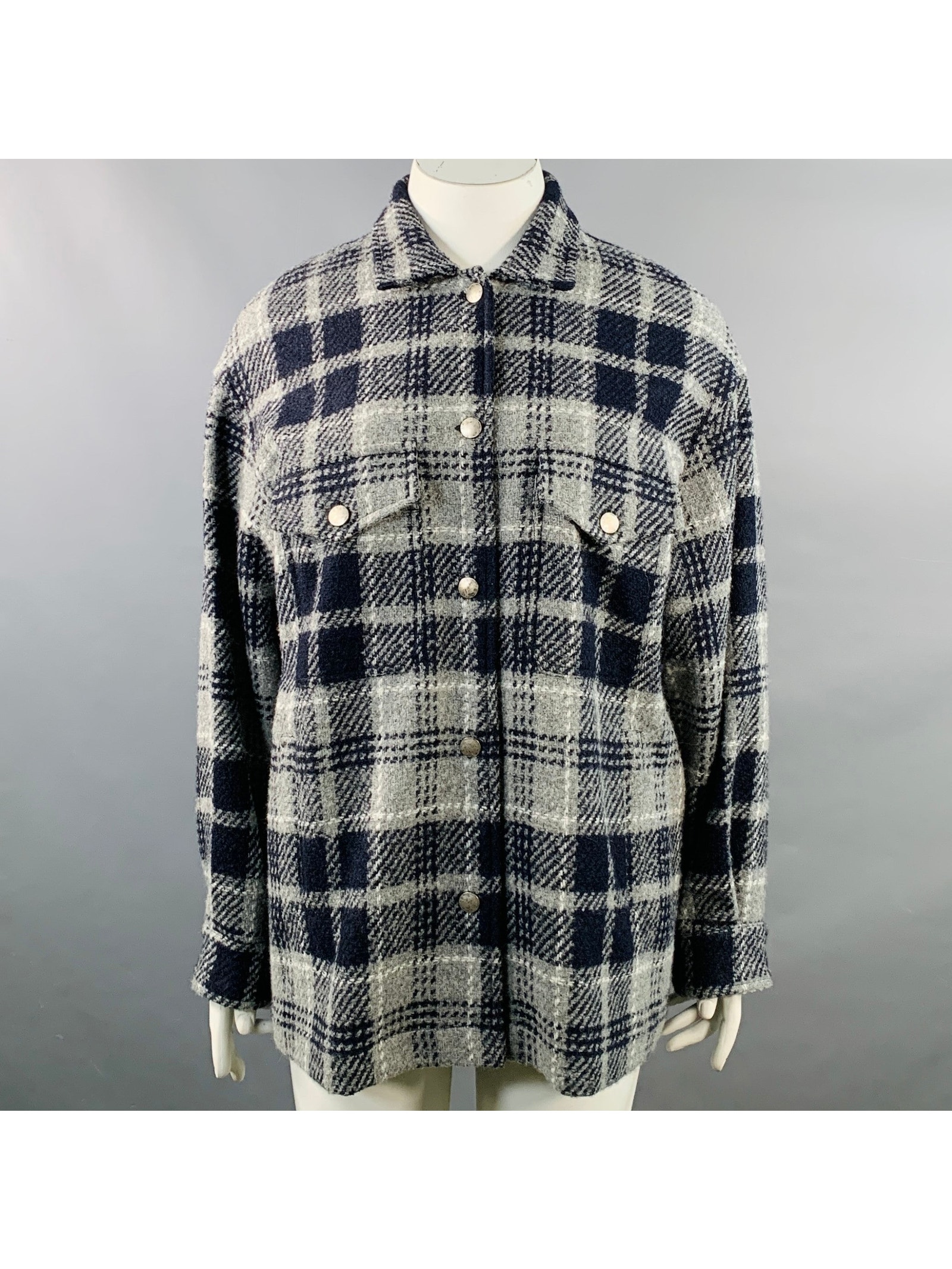 Amina Rubinacci Size L Navy Grey Virgin Wool Blend Plaid Shirt Jacket